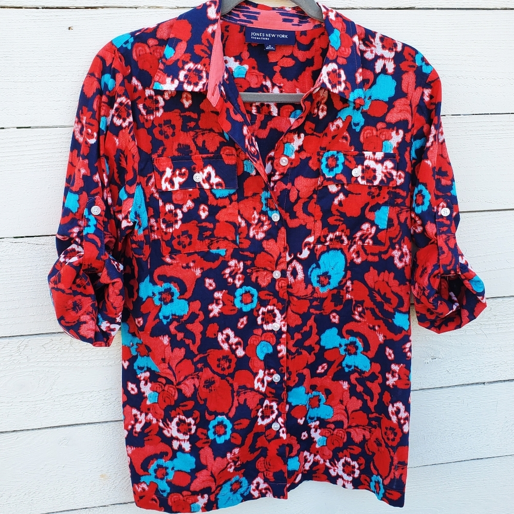 Jones New York Signature Red Floral Button Down